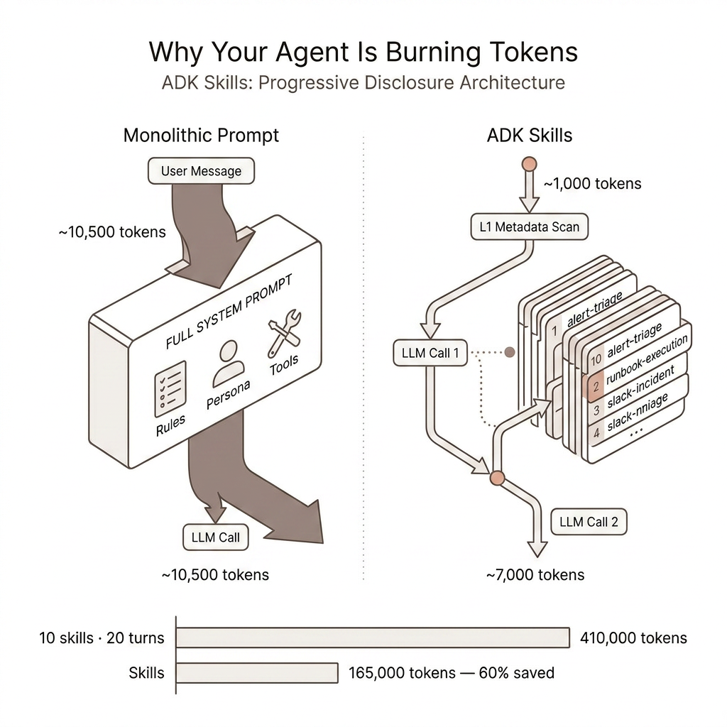 Why your agent is burning tokens: monolithic prompt (~10,500 tokens per call) vs ADK Skills progressive disclosure (~7,000 tokens); 60% saved over 10 skills and 20 turns.