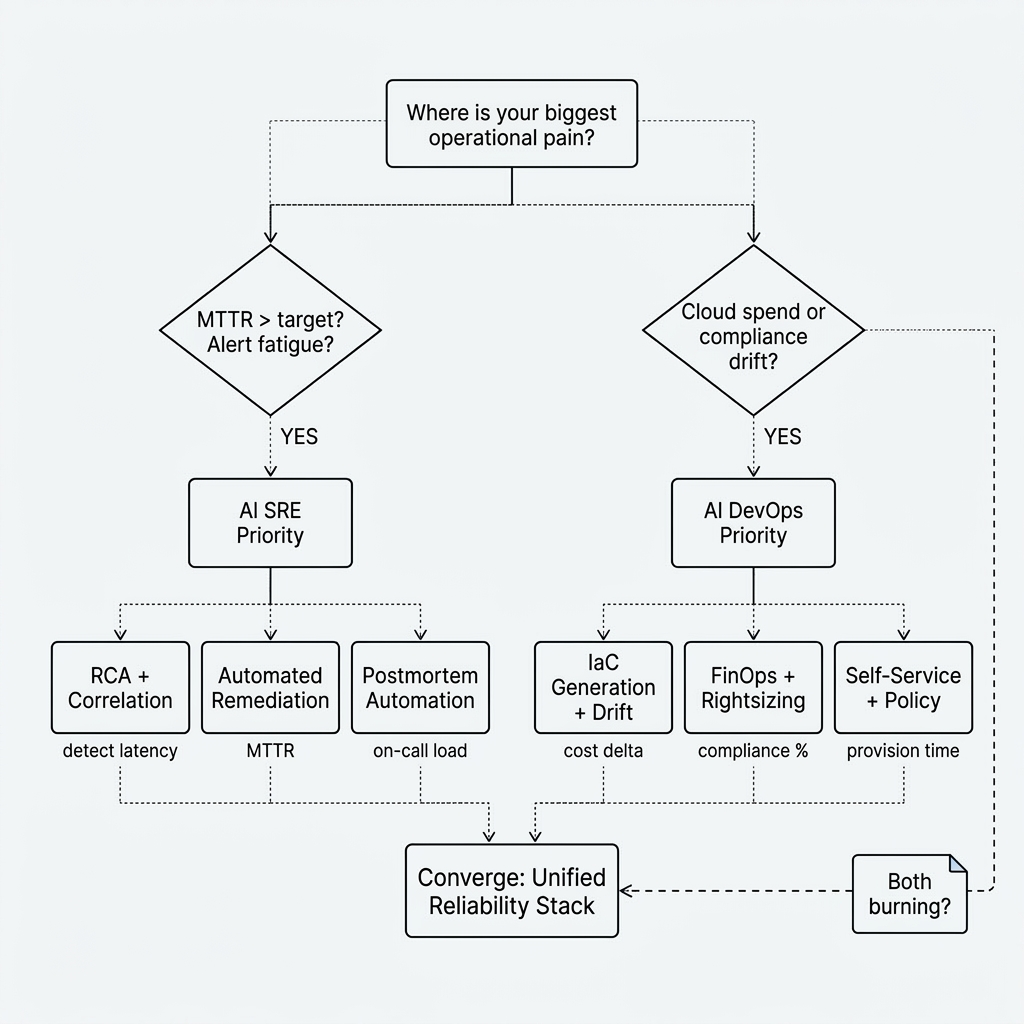 Decision flowchart: start at biggest operational pain; if MTTR exceeds target or alert fatigue, prioritize AI SRE (RCA, correlation, remediation, postmortem automation); if cloud spend or compliance drift, prioritize AI DevOps (IaC, drift, FinOps, self-service); both paths converge on a unified reliability stack, with a shortcut when both are burning.