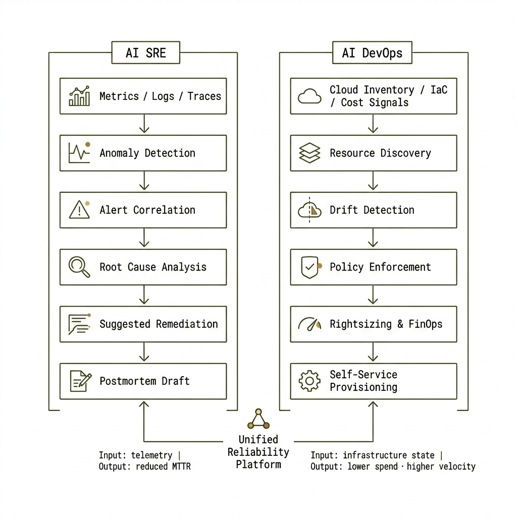Parallel stacks: AI SRE flows from metrics, logs, and traces through anomaly detection, alert correlation, root cause analysis, suggested remediation, and postmortem draft (telemetry in, reduced MTTR out); AI DevOps flows from cloud inventory, IaC, and cost signals through discovery, drift detection, policy enforcement, rightsizing and FinOps, and self-service provisioning (infrastructure state in, lower spend and higher velocity out); both connect to a unified reliability platform at the base.