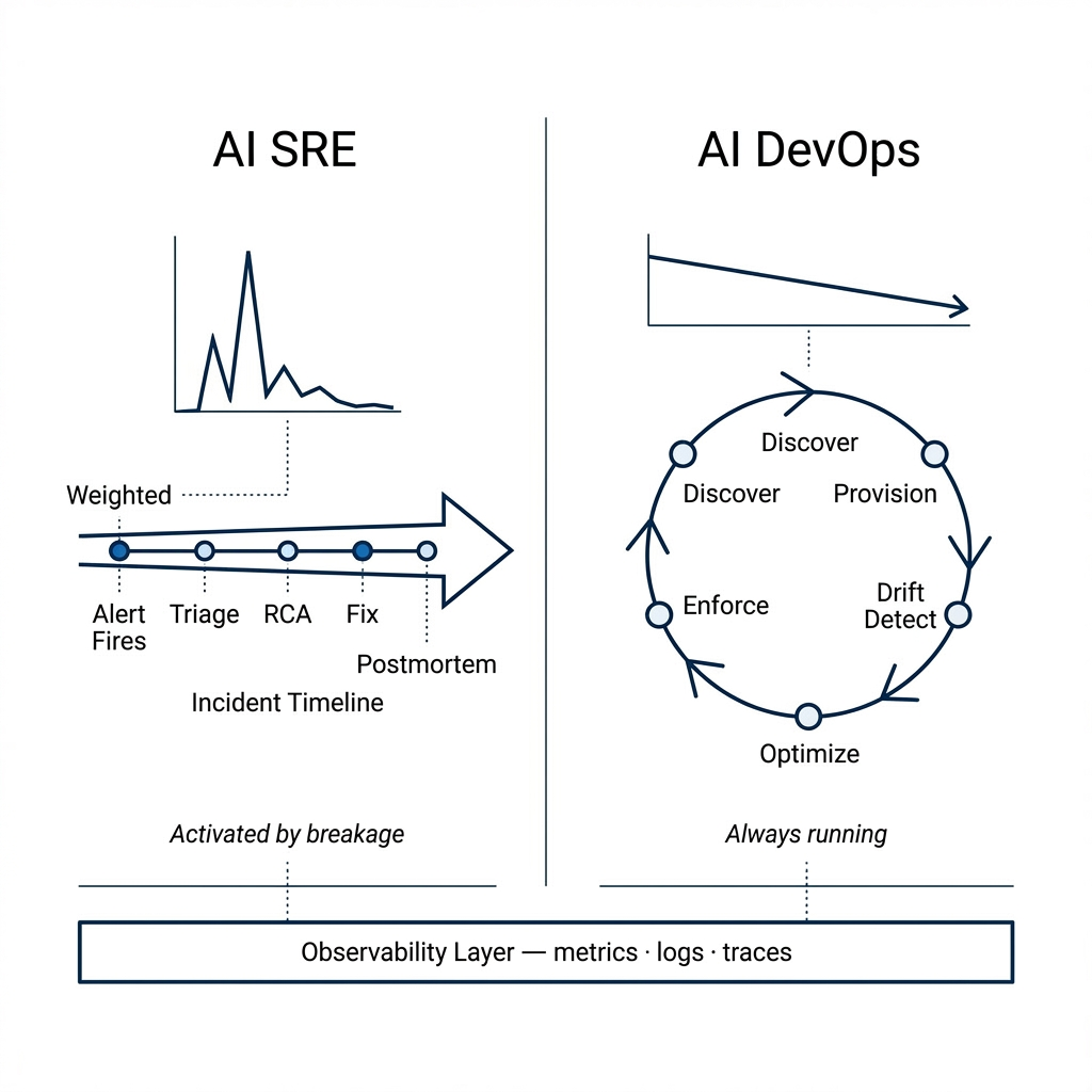 Two clocks: AI SRE shows a spike graph and linear incident timeline (alert, triage, RCA, fix, postmortem) activated by breakage; AI DevOps shows a downward trend and continuous loop (discover, provision, drift detect, optimize, enforce) always running; both rest on a shared observability layer of metrics, logs, and traces.