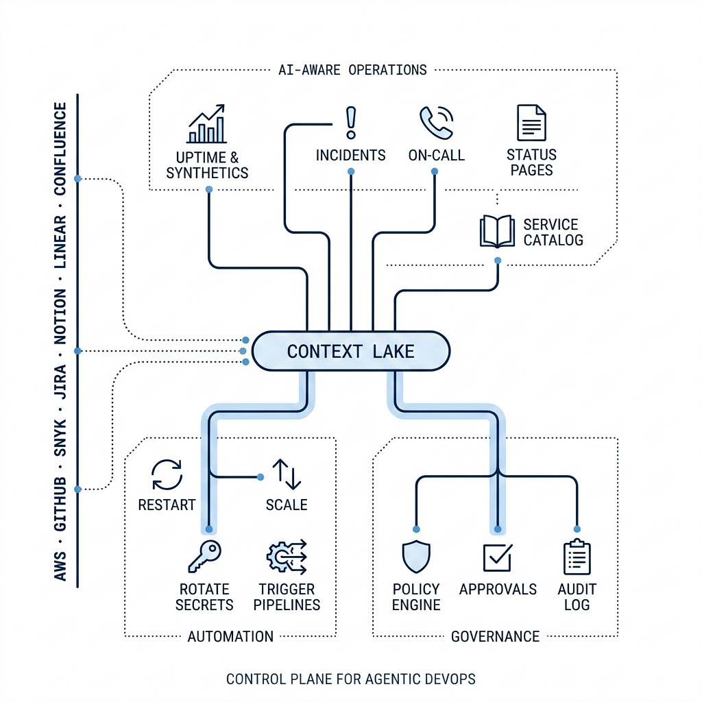 Control plane for Agentic DevOps: Context Lake at the center with AI-aware operations, automation, governance, and integrations from AWS, GitHub, Snyk, Jira, Notion, Linear, and Confluence